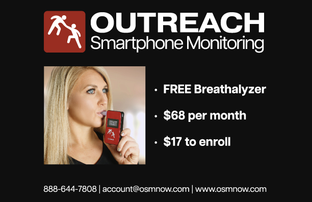 Image: Black background with image of blonde woman blowing into a breathalyzer box. Words Outreach Smartphone Monitoring at top. Words to right state Free Breathalyzer, $68 per month and $17 to enroll.